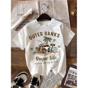 Design Print Short Sleeve Round Neck T-Shirts, Minimalist Style Suitable